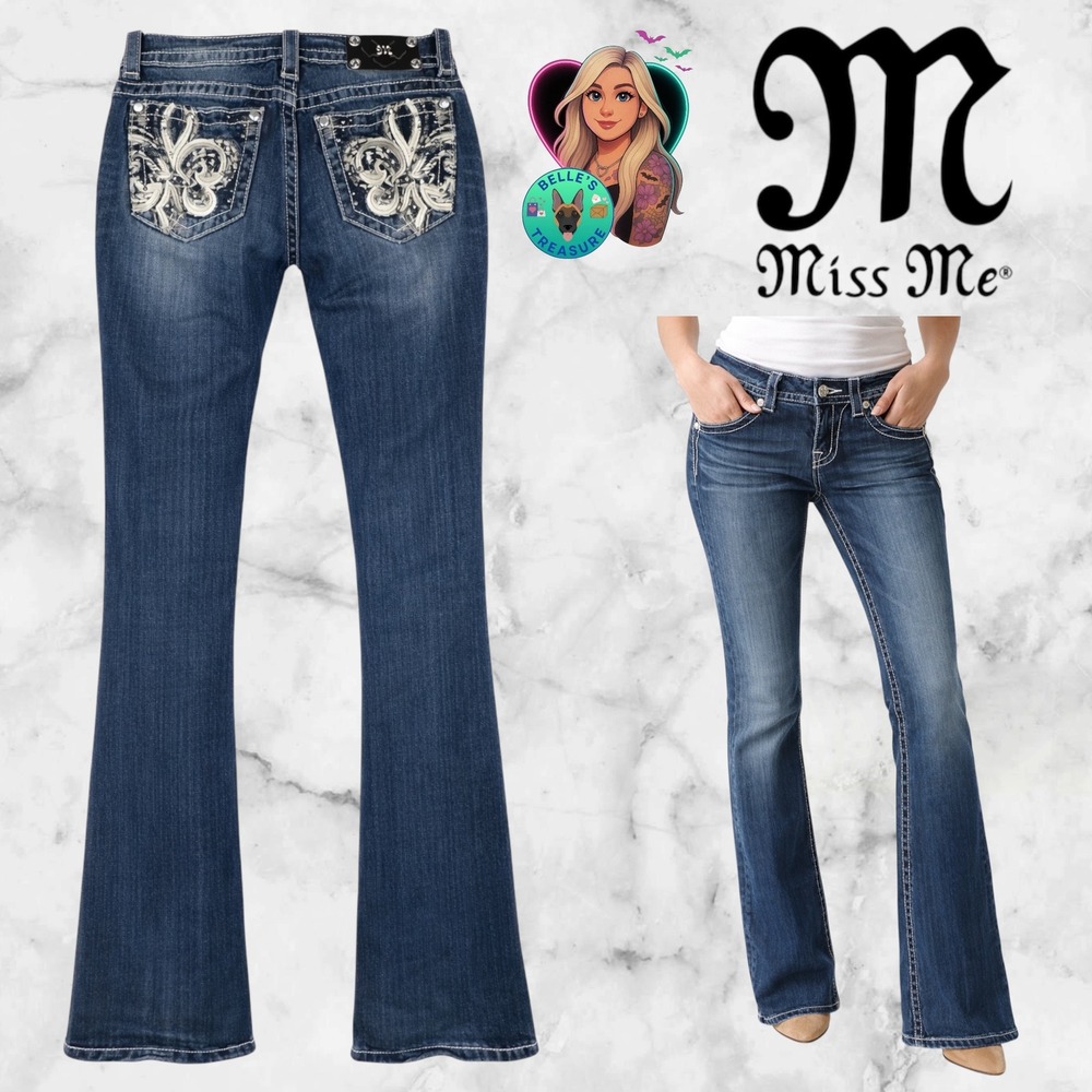 Miss Me Bootcut Jeans Low Rise Dark Wash Fleur De Lis Rhinestone Womens 27 Flare